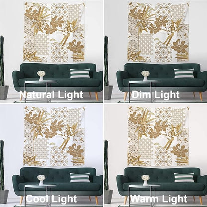 Batmerry Gold Japanese Floral Tapestry,Spring Wall Art Hanging Decoration Polyester Fiber White Ruffled Around for Dorm Room Bedroom Living Room, 59.1x59.1 inches
