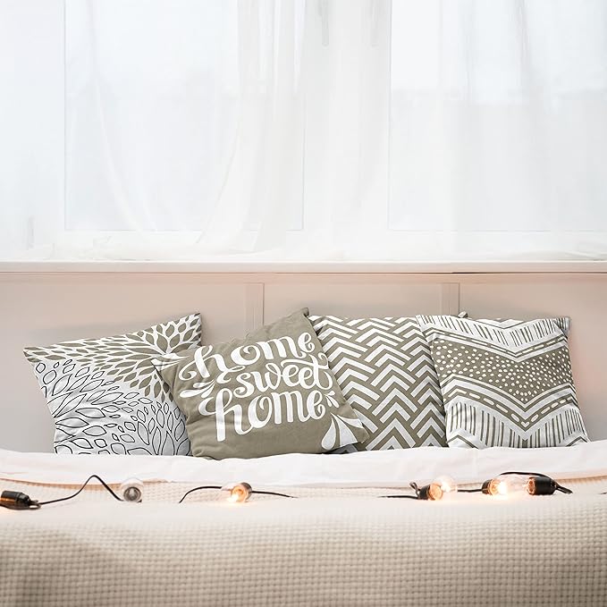 Ambesonne Geometric Throw Pillow Cushion Case Pack of 4, Home Phrase Minimal Zigzag Squama Dahlia Flowers Chevron Tribal, Modern Accent Double-Sided Digital Printing, 20", Cocoa White Charcoal Grey