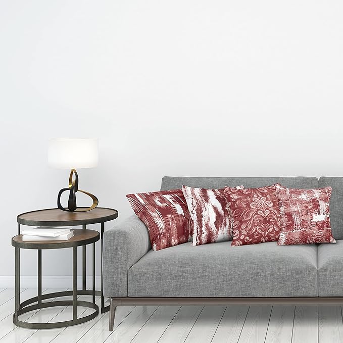 Ambesonne Vintage Throw Pillow Cushion Case Pack of 4, Abstract Grunge Effect Brushstrokes and Waving Striping Stains Paisley Drops, Modern Accent Double-Sided Digital Printing, 18", Maroon Rust White