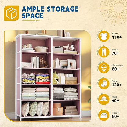 DWVO 10 Drawer Dresser - Fabric Storage Tower, Tall Chest Organizer Unit, Living Room, Hallway, Closets - Sturdy Steel Frame, Wooden Top & Easy Pull Fabric Bins, Pink