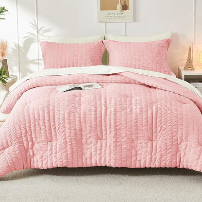 HYMOKEGE Pink/Ivory Twin XL Comforter Set Seersucker 5 Pieces, All Season Luxury Bed in a Bag for Bedroom, Bedding Set with Comforter, Sheets, Pillowcase & Sham