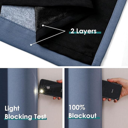 ChrisDowa 100% Blackout Curtains 90 inch Long for Bedroom with Black Liner, 2 Thick Layers Total Blackout Thermal Insulated Grommet Long Window Curtains 2 Panels Set (Stone Blue, 52 x 90 Inch)