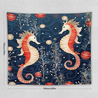 Tapestry Seahorse Christmas Kiss Beach Tapestry Aesthetic Vintage Ocean Seahorse Tapastry's Wall Hanging Wall Tapestry for Dorm Living Room Landscape 50"x60" Tapestries Winter Snowflake Decorative