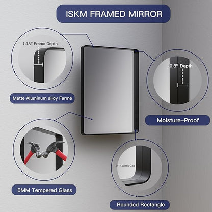 ISKM 36"x 30" Silver Bathroom Mirror for Wall, Bathroom Vanity Mirror Anti-Rust, Tempered Glass, Rounded Rectangle Mirror(Horizontal/Vertical)