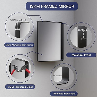 ISKM Silver Framed Mirror for Wal Bathroom Mirror for Wall 51" x 30" Matte Framed Vanity Mirror Anti-Rust, Tempered Glass, Rounded Rectangle Mirror(Horizontal/Vertical)