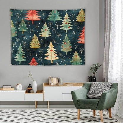 MaSiledy Vintage Christmas Tree Watercolor Tapestry As Wall Art Xmas Rustic Winter Holiday Vintage Aesthetic Tapestry Wall Hanging Landscape Tapestry Home Decoration for Living Room Bedroom 60"x80"