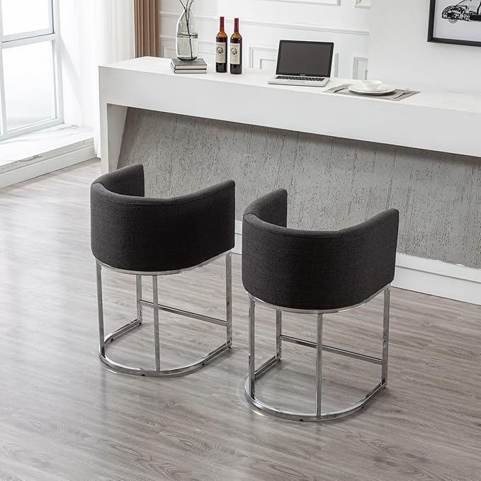 Modern Counter Height Linen Upholstered Bar Stool, 24" Kitchen Counter Island Stool Bar Chairs with Chrome Finish Metal Frame for Kitchen Island, Charcoal
