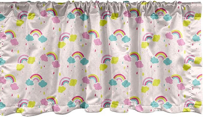Ambesonne Cartoon Window Valance, Pastel Rainbows Clouds Raindrops Sky Theme, Curtain Valance for Kitchen Bedroom Decor with Rod Pocket, 54" X 18", Rose and Multicolor