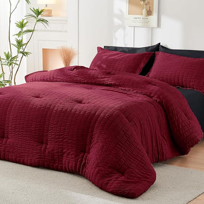HYMOKEGE Red & Black Twin Comforter Set Seersucker 5 Pieces, All Season Luxury Bed in a Bag for Bedroom, Bedding Set with Comforters, Sheets, Pillowcase & Sham
