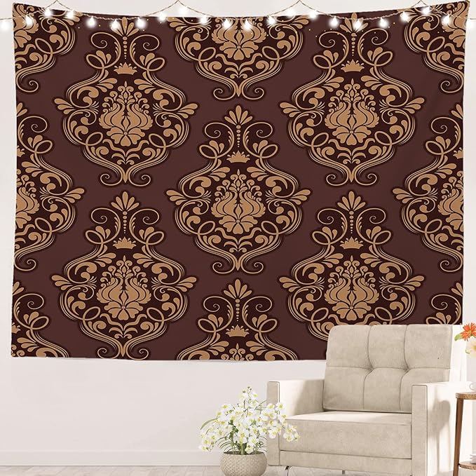 Batmerry Brown Damask Floral Tapestry, Vintage Golden Brown Damask Pattern Wall Art Hanging Decoration Polyester Fiber White Ruffled Around for Dorm Room Bedroom Living Room, 59.1x82.7 inches