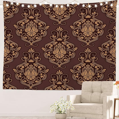 Batmerry Brown Damask Floral Tapestry, Vintage Golden Brown Damask Pattern Wall Art Hanging Decoration Polyester Fiber White Ruffled Around for Dorm Room Bedroom Living Room, 59.1x82.7 inches