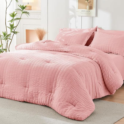 HYMOKEGE Rose Pink Twin XL Comforter Set Seersucker 5 Pieces, All Season Luxury Bed in a Bag for Bedroom, Bedding Set with Comforter, Sheets, Pillowcase & Sham