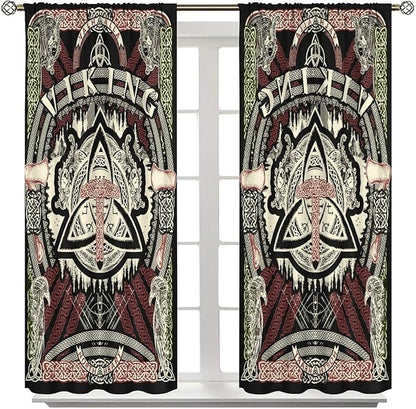 Viking Curtains Nordic Mythology Rune Weapon Antique Viking Pirate Crow Art Pattern Printed Curtains Bedroom Living Room Decoration Blackout Curtains W63 * L72 Inch