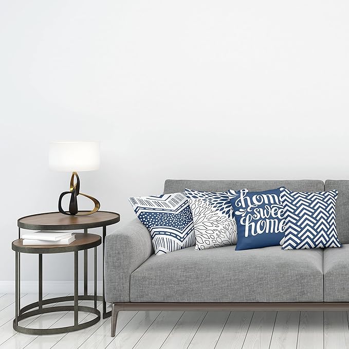 Ambesonne Modern Throw Pillow Cushion Case Pack of 4, Monochrome Design Sharp Angled Squama Scale Dahlia Chevron and Home Phrase, Modern Accent Double-Sided Digital Printing, 24", Dark Sky Blue White