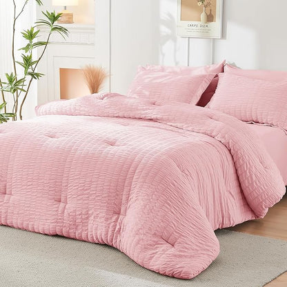 HYMOKEGE Pink Full Size Comforter Sets Seersucker 7 Pieces, All Season Luxury Bed in a Bag for Bedroom, Bedding Set with Comforters, Sheets, Pillowcases & Shams