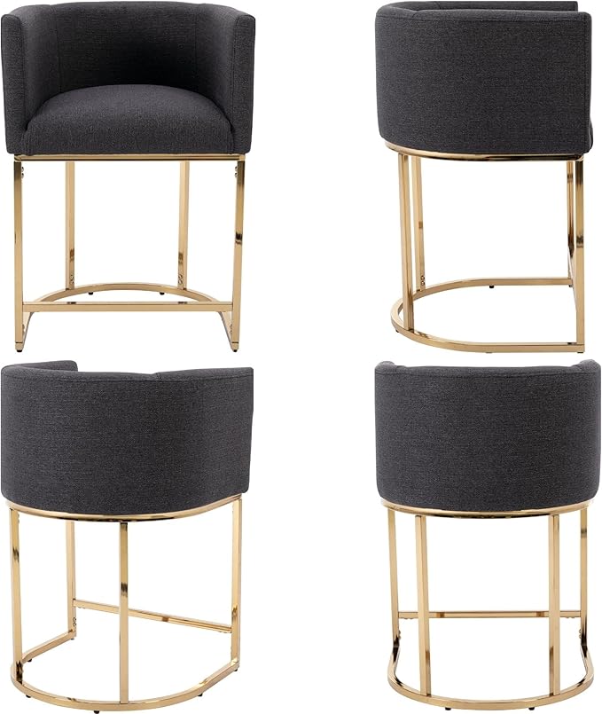 Modern Counter Height Linen Upholstered Bar Stools Set of 3, 24" Kitchen Counter Island Stools Bar Chairs with Gold Metal Frame for Kitchen Island, Charcoal