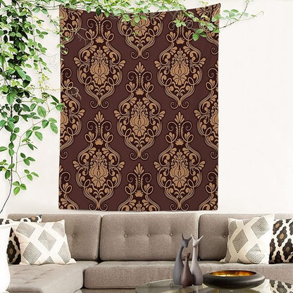 Batmerry Brown Damask Floral Tapestry,Vintage Golden Brown Damask Pattern Wall Art Hanging Decoration Polyester Fiber White Ruffled Around for Dorm Room Bedroom Living Room, 59.1x39.4 inches