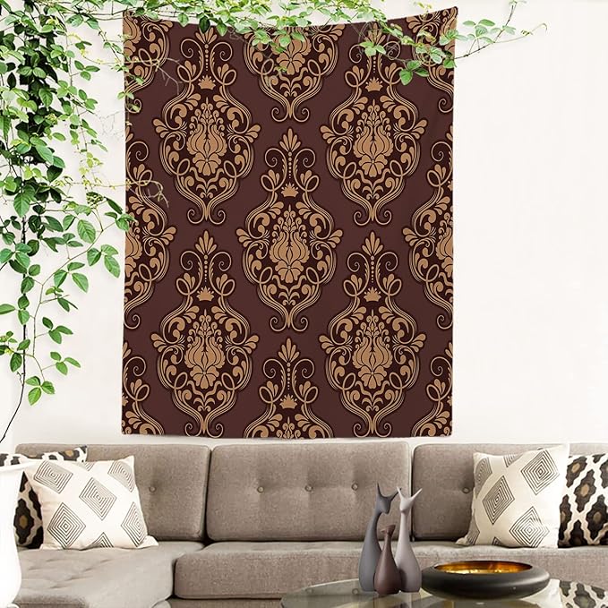 Batmerry Brown Damask Floral Tapestry,Vintage Golden Brown Damask Pattern Wall Art Hanging Decoration Polyester Fiber White Ruffled Around for Dorm Room Bedroom Living Room, 59.1x51.2 inches