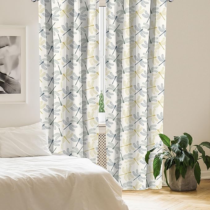 Ambesonne Dragonfly Window Curtains Pack of 2, Colorful Silhouettes of Exotic Insects Open Wings Beauty of Nature, Lightweight Set with Rod Pocket, 4 Panels of - 28" x 63", Green Mustard
