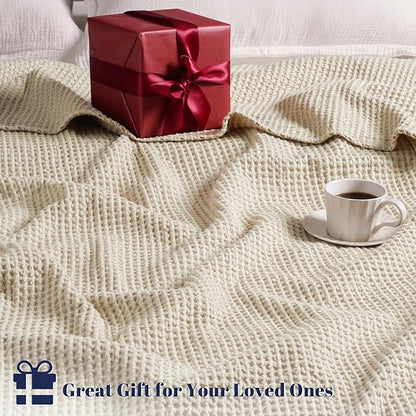 PHF 100% Cotton Waffle Weave Blanket Queen Size for Bed,Snag Proof Lightweight Breathable Moisture-Wicking Throw for Couch,Great for Layering in Cold Weather,Machine Washable, Home Decor Gift-Linen