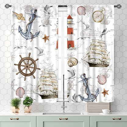 Nautical Kitchen Curtains, Vintage Marine Coastal Sailboat Compass Anchor Ocean Beach Lighthouse Watercolor Decorative Drapes for Bedroom Living Room Kitchen Bathroom Window 2 Panels Set, 55x39 Inch