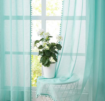 Treatmentex Pompom Sheer Curtain Panels 84inch Long Living Room Bedroom Window Curtain Drapes for School, Kindergarten 52" Width Each Panel. 1 Pair Rod Pocket Aqua