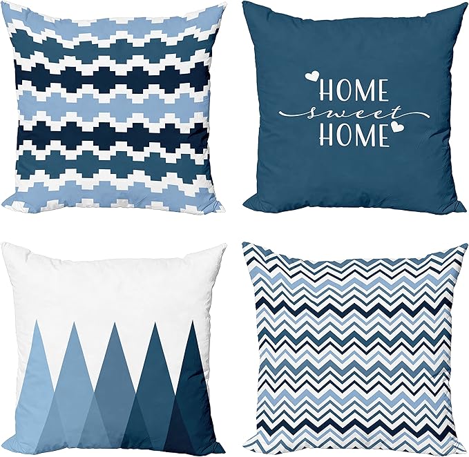 Ambesonne Modern Throw Pillow Cushion Case Pack of 4, Geometric Style Pattern of Triangles Zigzags Love Home Phrase Design, Modern Accent Double-Sided Digital Printing, 20", Petrol Blue and White