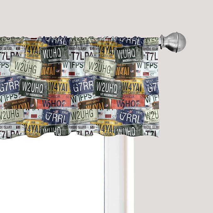 Ambesonne Vintage Window Valance, Original Retro Style License Plates Personalized Creative Travel Vacation, Curtain Valance for Kitchen Bedroom Decor with Rod Pocket, 42" x 18", Green Blue Yellow