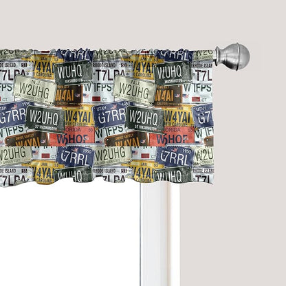 Ambesonne Vintage Window Valance, Original Retro Style License Plates Personalized Creative Travel Vacation, Curtain Valance for Kitchen Bedroom Decor with Rod Pocket, 42" x 18", Green Blue Yellow