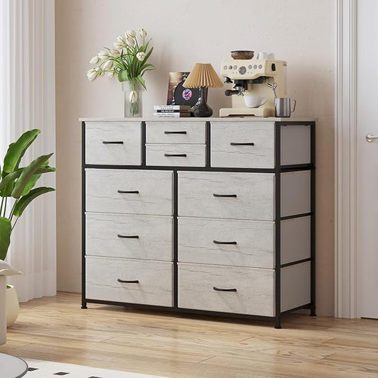LUMTOK 10-Drawer Dresser, Fabric Storage Dresser Drawers for Bedroom, Hallway, Nursery, Closets, Steel Frame, Wood Top, Easy Pull Handle (Greige)