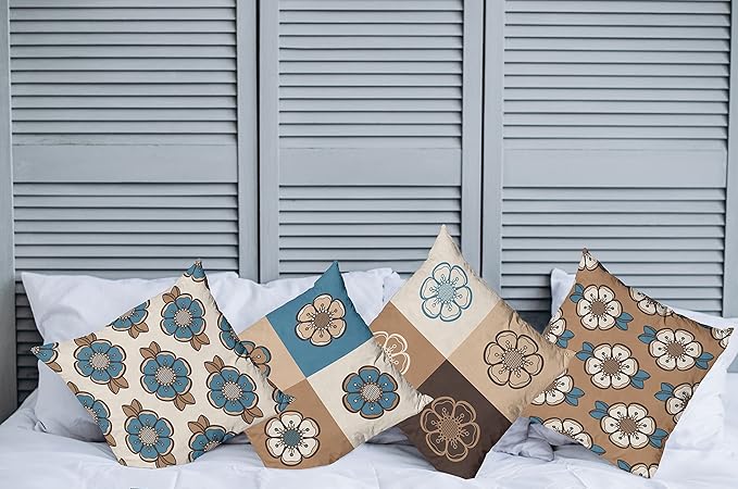 Ambesonne Retro Throw Pillow Cushion Case Pack of 4, Nostalgic Flower Petals Spring Vibes on Earthy Colors Mosaic Tile Themed, Modern Accent Double-Sided Digital Printing, 24", Sea Blue Umber and Tan