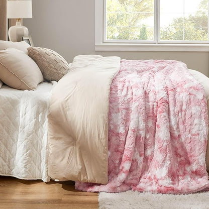Bedsure GentleSoft Sherpa Fluffy Blanket Queen Size for Bed - Fleece Warm and Cozy for Women Gift, Plush & Fuzzy Faux Fur Blanket for Couch, Sofa and Decor, Tie Dye Design, Pink, 90x90 Inches