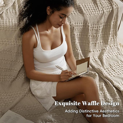PHF 100% Cotton Waffle Weave Blanket Queen Size for Bed, Soft Lightweight & Breathable, All-Season Comfort, Luxury Aesthetic Woven Bedding for Home Decor, 90"x90", Taupe