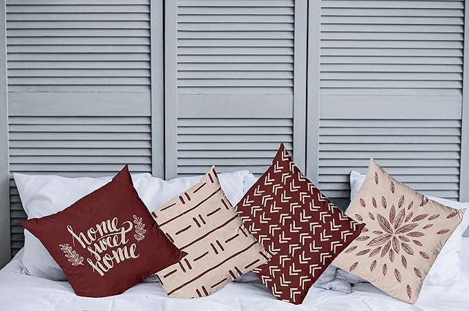 Ambesonne Modern Throw Pillow Cushion Case Pack of 4, Scandinavian Minimal Ornaments Boho Feather Leaves and Home Phrase Print, Modern Accent Double-Sided Digital Printing, 16", Pale Tan and Burgundy