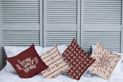 Ambesonne Modern Throw Pillow Cushion Case Pack of 4, Scandinavian Minimal Ornaments Boho Feather Leaves and Home Phrase Print, Modern Accent Double-Sided Digital Printing, 16", Pale Tan and Burgundy