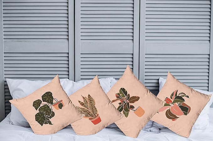 Ambesonne Botanical Throw Pillow Cushion Case Pack of 4, Digital Watercolor Effect Modern Print of House Plants Leaves Pots, Modern Accent Double-Sided Digital Printing, 24", Peach Emerald and Salmon