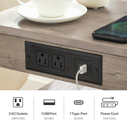 HOOBRO End Tables Set of 2 with Charging Station and USB Port, 3-Tier Nightstands with Adjustable Shelves, Small Side Tables for Small Space in Living Room, Bedroom and Balcony, Greige BG112BZP201