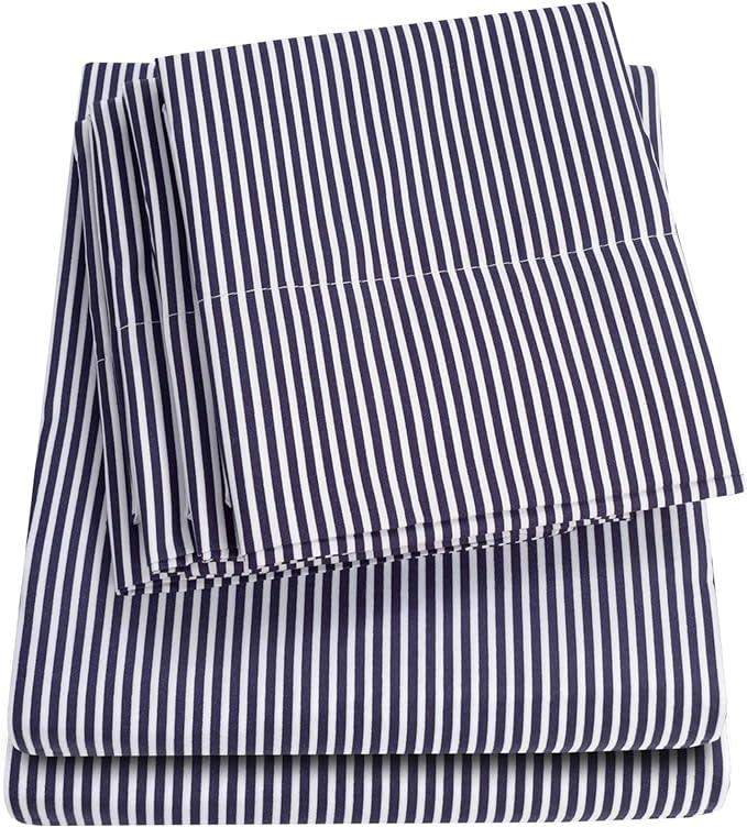 Queen Sheets Stripe Navy - 6 Piece 1500 Supreme Collection Fine Brushed Microfiber Deep Pocket Queen Sheet Set Bedding - 2 Extra Pillow Cases, Great Value, Queen, Classic Stripe Navy