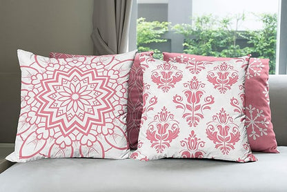 Ambesonne Retro Throw Pillow Cushion Case Pack of 4, Trellis Grid Medieval Floral Damask Mandala Flower Ornament in Modern Monochrome, Modern Accent Double-Sided Digital Printing, 16", Pastel Pink
