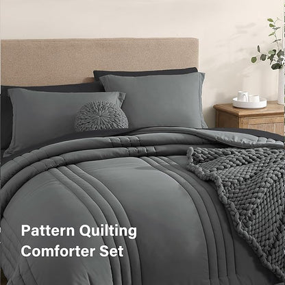 Monbix King Size Comforter Set - 7 Pieces Bed in a Bag King, Grey Bedding Sets with Comforter, All Seasons Down Alternative Comforter Bed Set with Sheets, Pillowcases & Shams