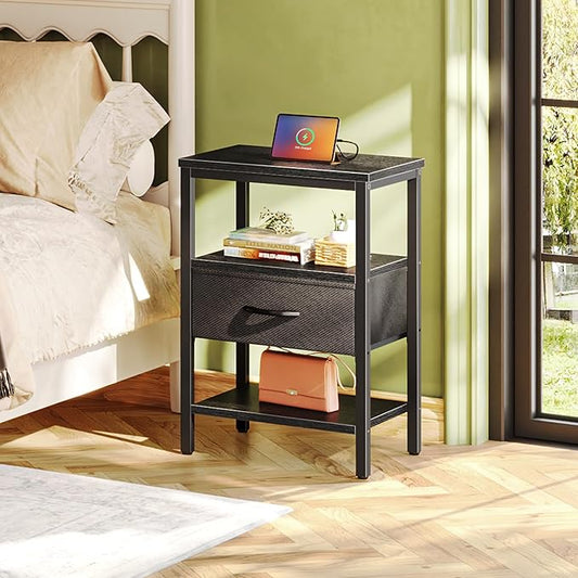 SUPERJARE Nightstand Set of 2, Bed Side Tables with Charging Station, Adjustable Fabric Drawer, Night Stand for Bedroom, 3-Tier Storage End Tables, Black