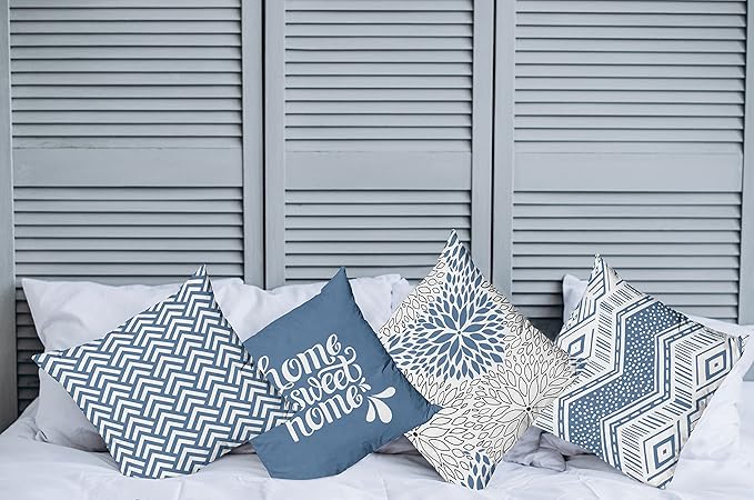 Ambesonne Geometric Throw Pillow Cushion Case Pack of 4, Home Phrase Minimal Zigzag Squama Dahlia Flower Petals Chevron Tribal, Modern Accent Double-Sided Digital Printing, 24", Slate Blue and White