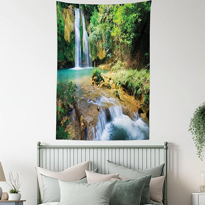 Lunarable Nature Tapestry King Size, Green Forest Waterfall and River Pool Pond Water Source Earth Landscape, Wall Hanging Bedspread Bed Cover Wall Decor, 23" X 28", Pale Brown and Green