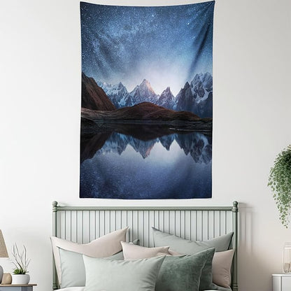 Lunarable Star Tapestry Queen Size, Night Sky with Milky Way Over a Mountain Landscape Lake Cosmos Galaxy Scenery Universe, Wall Hanging Bedspread Bed Cover Wall Decor, Queen Size, Brown Blue