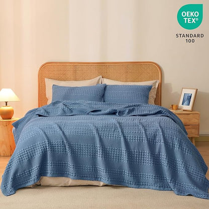 PHF 100% Cotton Waffle Weave Blanket Queen Size for Bed, Soft Lightweight & Breathable, All-Season Comfort, Luxury Aesthetic Woven Bedding for Home Decor, 90"x90", Denim Blue