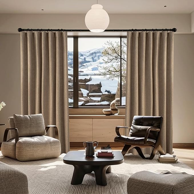 KangBang Brown Linen Blackout Curtains 72x84 Inch, Extra Wide Linen Window Drapes for Large Windows Full Light Blocking Loop Pocket Back Tab Track System Drapes for Living Room, Biscuit