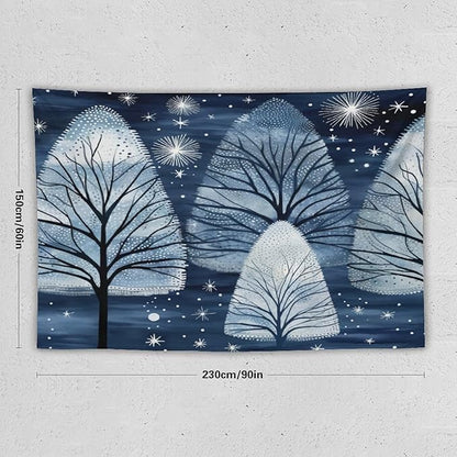 Trendy Blue Silver Glitter Tree Christmas Tapestries Happy Winter Holiday Aesthetic Bedroom Tapestries Landscape Tapestry Bedroom Wall Decor Living Room 60"x90" Tapestries Winter Snowflake Decorative