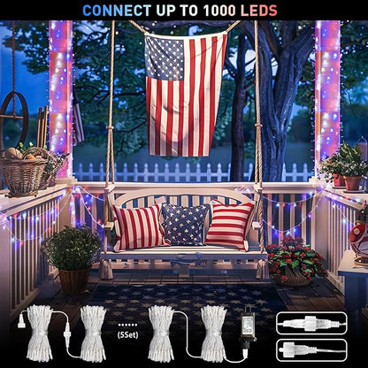 JMEXSUSS Red White and Blue Lights Clear Wire, 66 Ft 200 LED 4th of July Decorations String Lights Plug in, Christmas Light for Independence Day Celebration Party Memorial Day Patriotic Holidays Decor