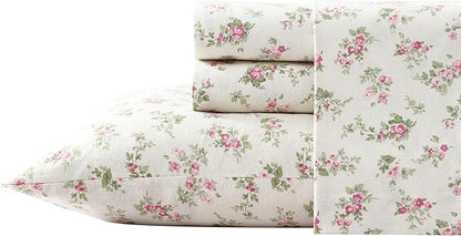 Laura Ashley Home Collection Premium Ultra Soft Cozy Lightweight Cotton Flannel Bedding Sheet Set, Wrinkle, Anti-Fade, Stain Resistant & Hypoallergenic, Full, Audrey Pink (201591)