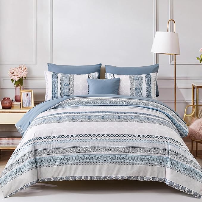 Cottolester Boho Comforter Set Full Size Light Blue Comforter Set 8 Piece Bed in a Bag Striped Paisley Bedding Sets